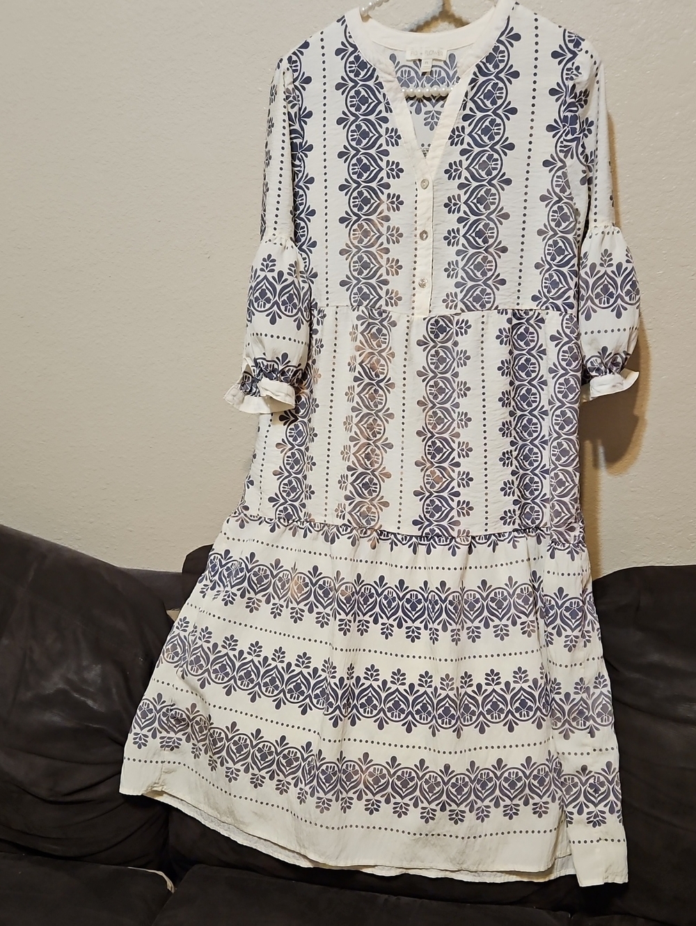 fig and flower White and Navy Printed V-Neck Midi Dress with Button Front